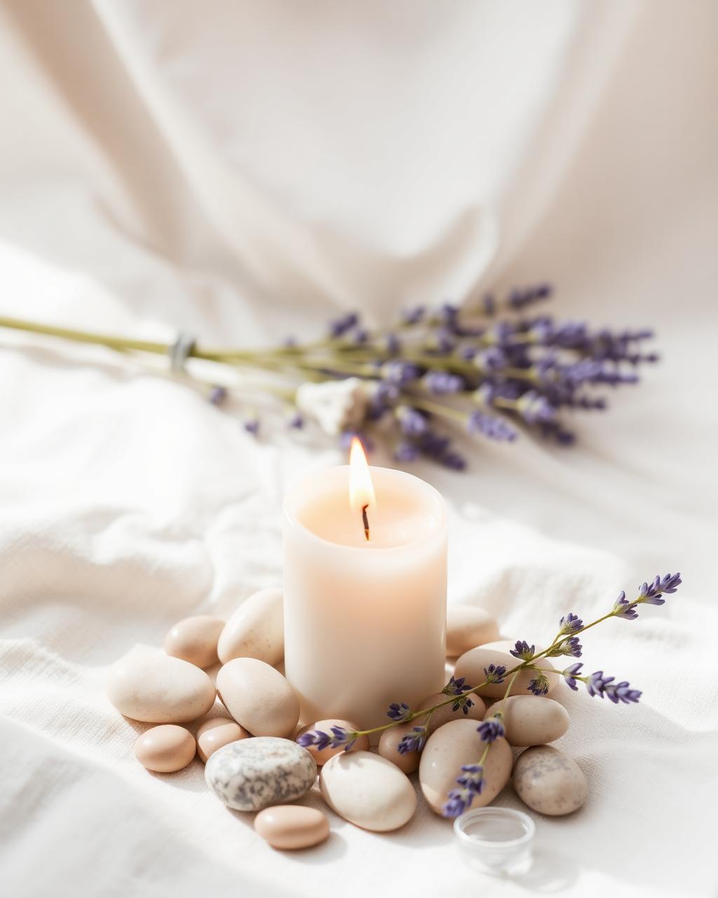 Candle, lavender and stones on linen